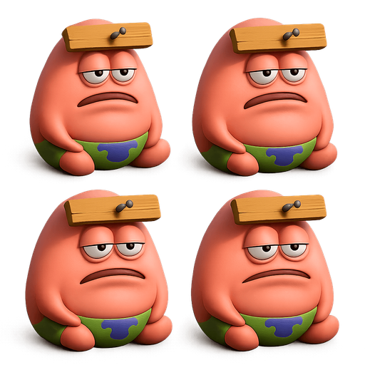 sprite sheet of patrick the star meme face sitting on his but with a plank on his forehead fixed with a nail. each face shaped as a marble shaped face made in blender 3D. arrange faces in a 2 by 2 grid