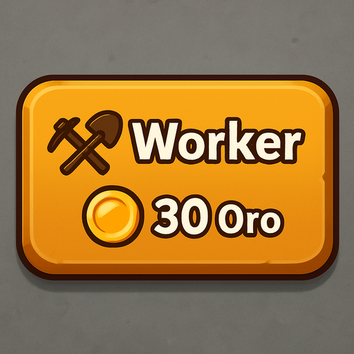 Crea un botón interactivo UI estilo 2D renderizado, limpio y cartoonish. Debe tener contornos definidos, colores vibrantes y sombreado que dé volumen. Será un rectángulo con esquinas ligeramente redondeadas, coherente con el botón de Torre. El fondo del botón será sólido y neutro (metal/piedra sutil), similar al botón de Torre para mantener coherencia UI.

El botón debe contener:

Texto Principal: La palabra "Worker" (Trabajador) claramente visible en la parte superior central.

Icono Secundario (Opcional): Un símbolo estilizado que represente el trabajo o recolección (ej. un pico y una pala cruzados, o un casco de minero), ubicado a la izquierda del texto "Worker" (o a la derecha, si el diseño lo favorece).

Precio: El texto "30 Oro" (o símbolo de oro y "30") claramente visible en la parte inferior central (o en una esquina inferior). Este precio debe ser una parte integral del diseño del botón (mismo asset).

Los colores de texto/icono deben contrastar claramente con el fondo (ej. bl.
In-Game asset.  2d.  High contrast.  No shadows