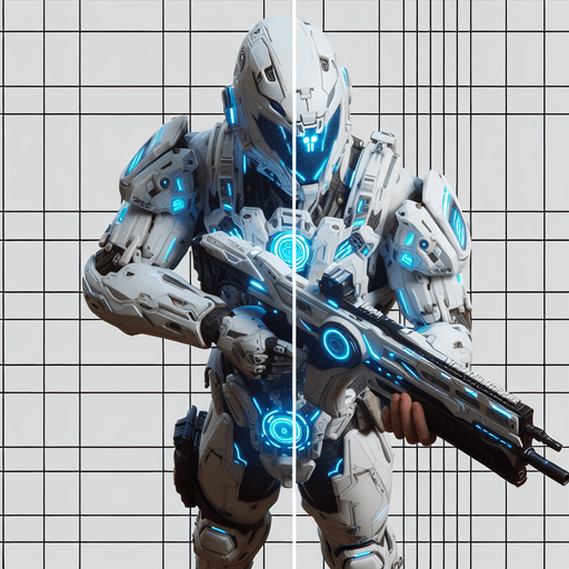 View of a futuristic soldier from directly overhead. White armor with blue glowing cyberpunk details. Holding weapon forward..
Single Game Texture. In-Game asset. 2d. Blank background. High contrast. No shadows.