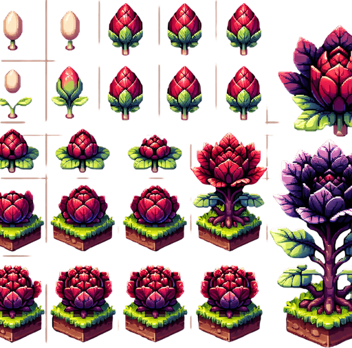 A spritesheet showing a pointed red cabbage plant in various stages of germantion and groth, from seed over sapling, to bloom and to full grown plant, and then the ripe cabbage. The sprites should be laid out in a rectangular grid with blank space between them.. Single Game Texture. In-Game asset. 2d. Blank background. High contrast. No shadows..
Single Game Texture. In-Game asset. 2d. Blank background. High contrast. No shadows.