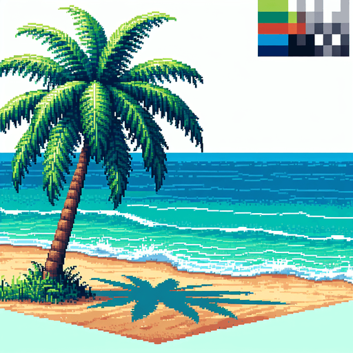 pixelart cartoon beach schene. just the beach and a big palm tree. no background..
Single Game Texture. In-Game asset. 2d. Blank background. High contrast. No shadows.