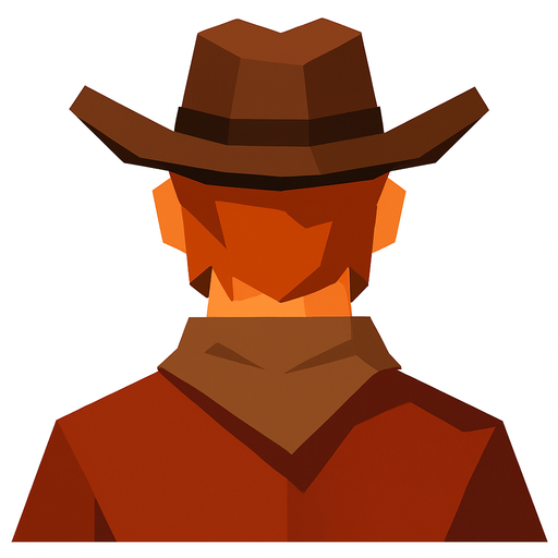 lowpoly cowboy head from behind player hero good side.
In-Game asset.  2d.  High contrast.  No shadows