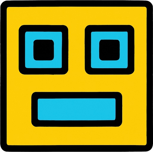 un cuadrado amarillo con ojos cudrados celestes y boca celeste rectangular.
In-Game asset.  2d.  High contrast.  No shadows