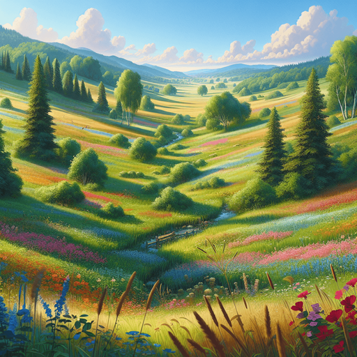 A beautiful meadow in summer, seen in perspective from a low altitude plane..
Single Game Texture. In-Game asset. 2d. Blank background. High contrast. No shadows.