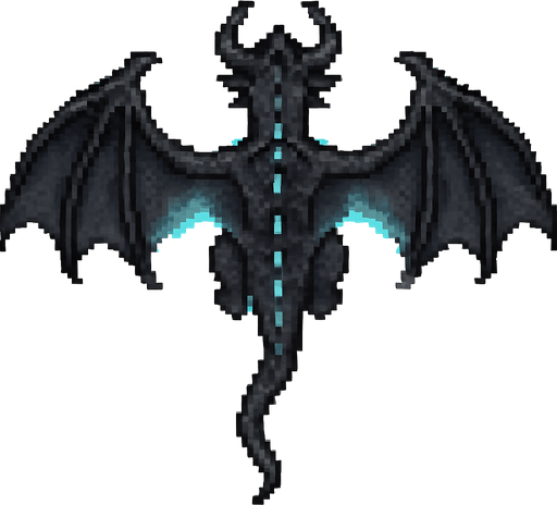 “Pixel art dragon viewed from top-down, with wide leathery wings fully spread, long tail, visible back ridges and horns. Dark grey or black scales, subtle blue flame glow under the wings and spine, menacing but organic design. Sized to carry a small goblin rider on its back. 2D video game asset, fantasy themed.”.
In-Game asset.  2d.  High contrast.  No shadows.
In-Game asset.  2d.  High contrast.  No shadows