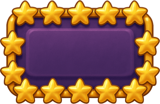 A button without text, background color #480070. A border of golden stars. This is a majestic button. 350 px wide, 100px high. Cute soft graphics. soft ambient light. semi-matte to satin surfaces. naturalistic with slight saturation boost colors. 
In-Game asset.  2d.  High contrast.  No shadows. top down.