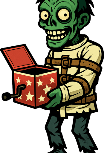Zombi a cuerpo completo de piel verdosa y pálida, con cabello desordenado y ojos saltones, viste una camisa de fuerza con correas de cuero alrededor de sus brazos y torso. sostiene una caja de sorpresas roja y blanca con estrellas, que tiene una manivela en un lado. Su expresión es de una sonrisa macabra.
In-Game asset.  2d.  High contrast.  No shadows