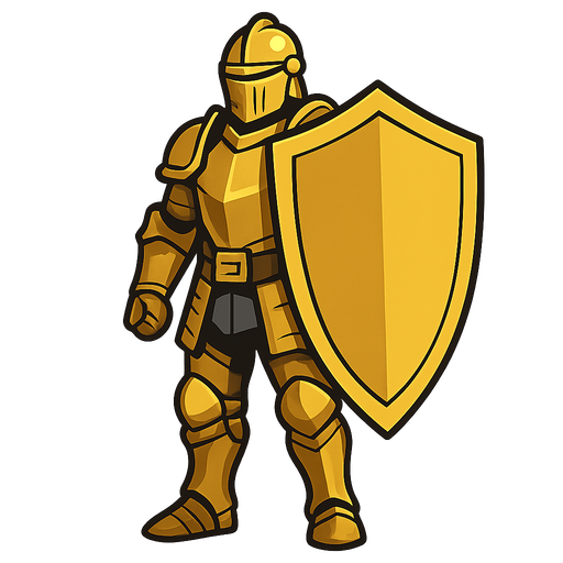 Human with a BIG golden shield and shining reinforced golden armor.
In-Game asset.  2d.  High contrast.  No shadows