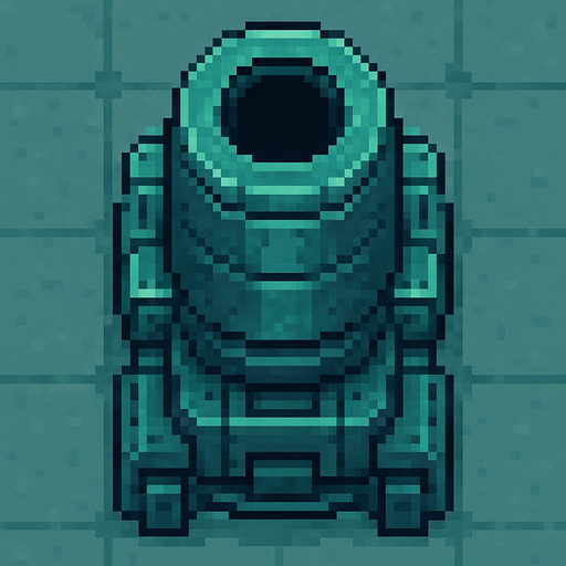 top down sci-fi fat barrel cannon, teal metal, pixel art