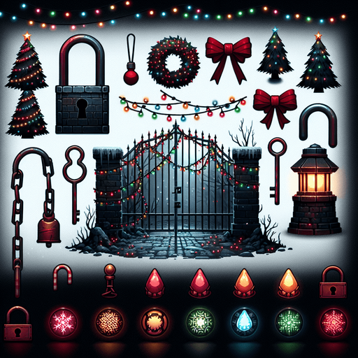 eerie christmas inspired christmas light lock with a resident evil style.
Single Game Texture. In-Game asset. 2d. Blank background. High contrast. No shadows.