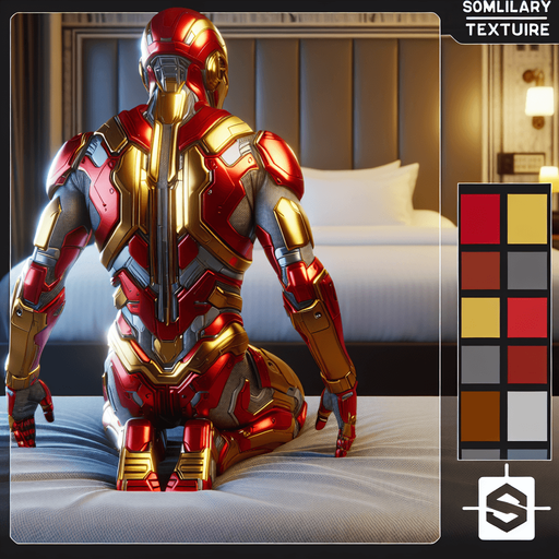 Hero is ironman and sitting on bed facing backward.
Single Game Texture. In-Game asset. 3d. Blank background. High contrast. No shadows.