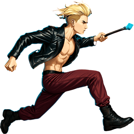 Swishy graceful man Cyberpunk manga, wand pointed straight ahead, arm extended, jump attack, side profile view attack animation, shiny black leather biker jacket longsleeves shirtless Skinny abs blonde pompadour guy, action shot wine red joggers combat boots, Background removed, "Full-body character, entirely in frame, no cropping of face, head, or feet" "Complete character visible, from head to toe, fully centered in the image" "Entire character, including face and boots, fully within the frame" Character fully contained within a square frame, no edges cut off fashion model running pose
