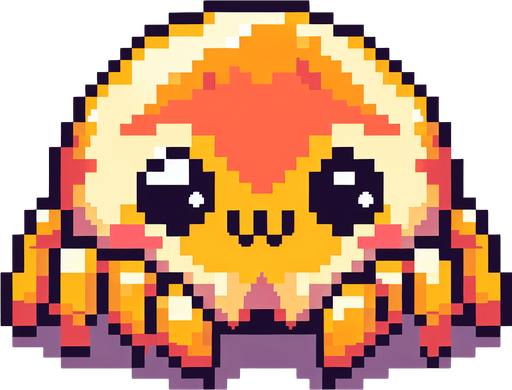 a cute orange-yellow spider, side view, pixel art, fangs, no shadow
Single Game Texture. In-Game asset. 2d. Blank background. High contrast. No shadows.
