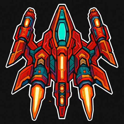 Make it a ship for a space shooting game with intense designing.
In-Game asset.  2d.  High contrast.  No shadows