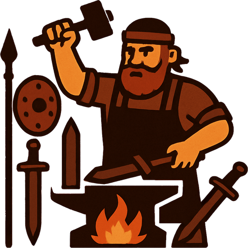 Demirci, Eski savaş malzemeleri üretiyor.
In-Game asset.  2d.  High contrast.  No shadows