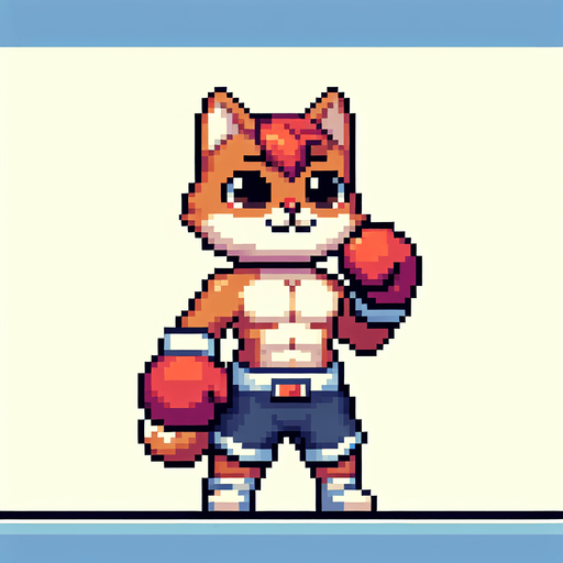 a cute anthropomorphic cat wearing boxing shorts and boxing gloves, pixel art
Single Game Texture. In-Game asset. 2d. Blank background. High contrast. No shadows.