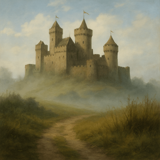 Krallık oyunu başladıktan sonra kullanılacak, arka planda bir kale olan ama çok karanlık veya kasvetli görünmeyen, hafif sisli ve tarihi atmosferli bir sahne. Gökyüzü açık ya da hafif bulutlu, renkler doğal ve dengeli olmalı.”