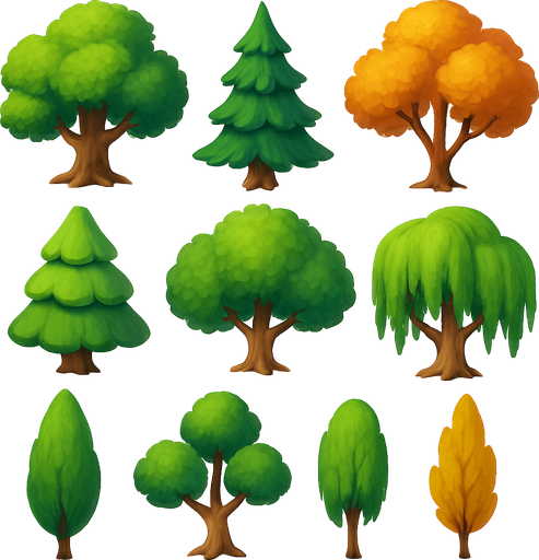 Pack of different tree, painted 3D tree, without black lines around it!
In-Game asset.  High contrast.  No shadows. 3D