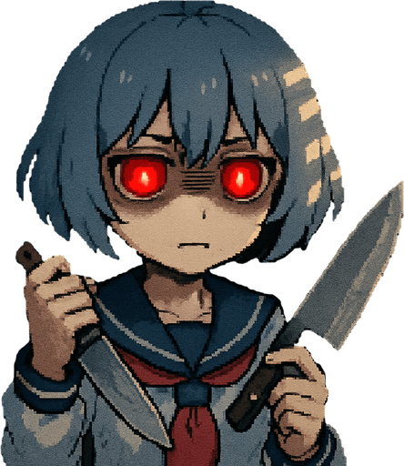 Stella is a 15-year-old anime girl—sweet and incredibly kawaii—with short, soft hair in a bluish-gray tone (HEX: #b0b9d8) and deep black eyes. She wears a traditional Japanese school uniform, the classic sailor-style fuku. In her right hand, she holds a butcher knife. Her expression is serious, and her eyes, now glowing with an intense yandere red, reflect jealousy and obsession. Dark under-eye circles emphasize her unsettling gaze.

She is inside a high school locker in a Japanese school. Her right hand is slightly raised, gripping the knife, while her left hand gently touches the blade with her index finger, mimicking the motion of a clock hand—adding to the eerie atmosphere. To emphasize the feeling of being inside the locker, soft light shines through the ventilation slits, casting dramatic shadows across her face.

The entire scene is rendered in detailed Pixel Art style, enhancing both the cuteness and the unsettling atmosphere of the character and setting.