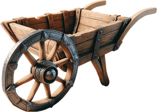 Una rueda de carretilla medieval.
Single Game Texture.  In-Game asset.  2d.  Blank background.  High contrast.  No shadows