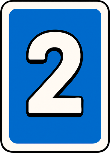 Rectangular card numbered 2, with a white border around it and a blue background..
In-Game asset.  2d.  High contrast.  No shadows