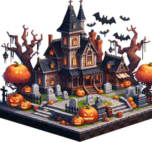 Town of Halloween.
Single Game Texture. In-Game asset. 2d. Blank background. High contrast. No shadows.