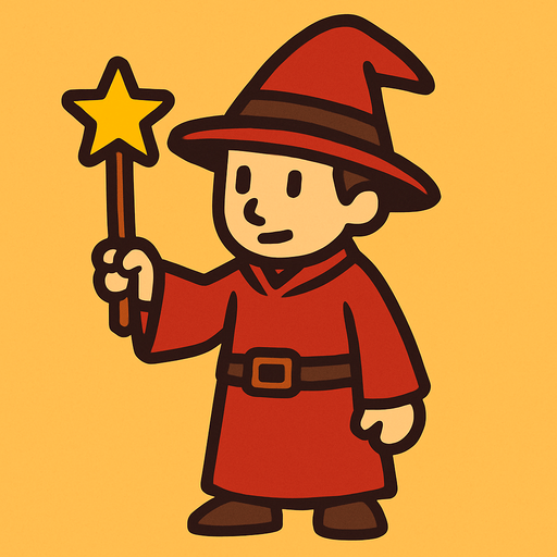 Mago con sombrero rojo y marrón sin barba con varita con estrella, de cuerpo entero.
In-Game asset.  2d.  High contrast.  No shadows