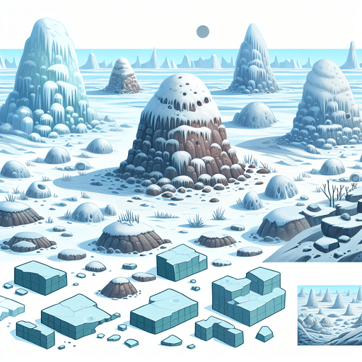 Arctic pingos.
Single Game Texture. In-Game asset. 2d. Blank background. High contrast. No shadows.
