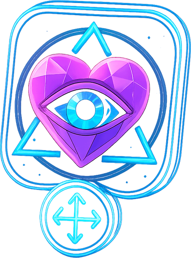 Neon cyberpunk mobile game button for casting spells, dialogue, doors and object interactions magic gemstone crystal sigil eyeball heart triangle topdown flat 3d 2d hologram futuristic glowing occult chic