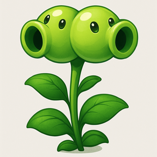 Forma general: Es una planta con un tallo central del que brotan hojas y, en la parte superior, tiene dos "cabezas" o vainas de guisante.

Color: Predomina un color verde claro brillante en todo el cuerpo de la planta, con algunas sombras que le dan volumen y realismo. Las hojas y el tallo son de un verde ligeramente más oscuro.

Cabezas/Vainas: Tiene dos vainas de guisante esféricas unidas, dispuestas una al lado de la otra. Cada una de ellas actúa como un cañón:

Orificios de disparo: Ambas vainas tienen una abertura frontal redonda y oscura, que es por donde disparan los guisantes.

Ojos: Cada vaina tiene dos pequeños ojos oscuros, similares a cuentas, que le dan una expresión curiosa o atenta.

Hojas: En la base de las vainas y a lo largo del tallo, hay varias hojas grandes y ovaladas de color verde oscuro, con nervaduras visibles.

Estilo artístico: La imagen tiene un estilo más renderizado y detallado que las ilustraciones típicas del juego, con un sombreado suave que le da una a.
In-Game asset.  2d.  High contrast.  No shadows