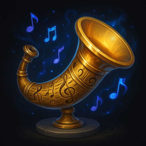 Create a detailed fantasy icon of a War Horn designed for a musical-themed tower defense game set in a haunted concert hall.

The horn should be ornate and elegant, resembling a mix between a classical brass instrument (like a French horn or trumpet) and a battle horn.

Crafted from polished brass or gold, with engraved musical symbols (clefs, notes, or swirling staff lines) along its surface.

The mouthpiece and flared bell should look slightly exaggerated, magical, or ceremonial.

Add glowing accents (blue, violet, or gold) or floating music notes around it to suggest it's enchanted.

The horn may rest on a pedestal, float slightly, or face outward ready to be sounded.

Background should be minimal or transparent. Icon must be square (256×256 or 512×512), clean and readable at small sizes.
Style: elegant fantasy UI, semi-realistic digital painting, matching the orchestral theme of the game..
In-Game asset.  2d.  High contrast.  No shadows