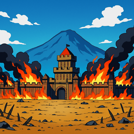 plain battlefield of defense burning medieval fortres at bottom anime image style. blue sky at upper. far distance a mountain
In-Game asset.  2d.  High contrast.  No shadows