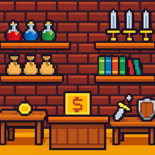 pixel shop background.
In-Game asset.  2d.  High contrast.  No shadows