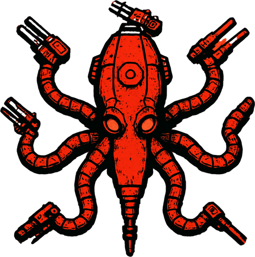 vertical top down red burn robotic octopus scifi war submarine.
In-Game asset.  2d.  High contrast.  No shadows