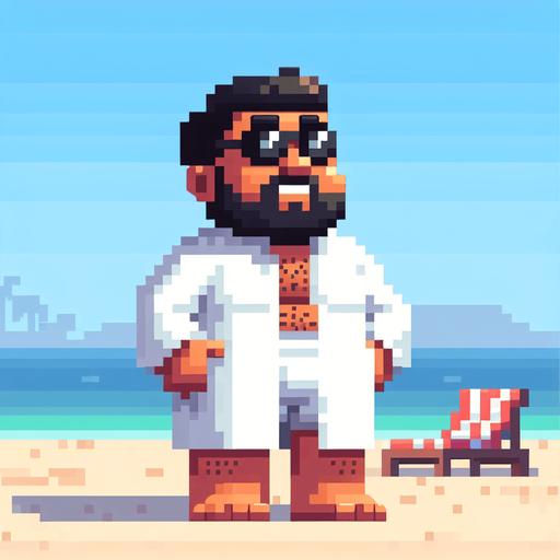 8-bit. Cartoon. Guy the beach. Full body. Looking up. Sunglasses. Worried. In game asset. Single Game Texture. In-Game asset. 2d. Blank background. High contrast. No shadows.