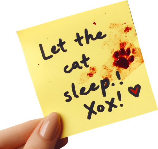 yellow stickyNote with
 "Let the cat sleep!
Xoxo!" text and a red-stain.