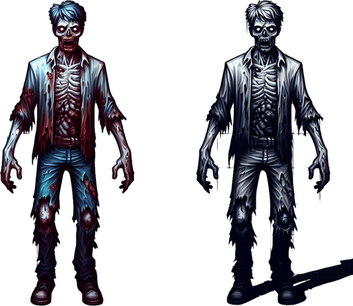 zombie.
Single Game Texture. In-Game asset. 2d. Blank background. High contrast. No shadows.