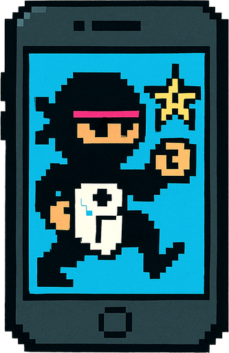 un iphone en pixel art que tenga en la pantalla un ninja con una estrella y un rollo de papel higienico estilo comico.
In-Game asset.  2d.  High contrast.  No shadows