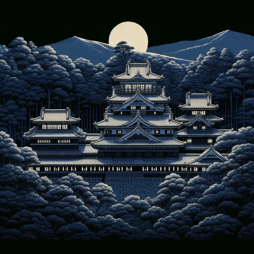 2d image. ancient meiji castle japan at night on full moon.
Single Game Texture.  In-Game asset.  2d.  Blank background.  High contrast.  No shadows. 2d image. full moon night. ancient temple meiji castle. surround of japanese forest