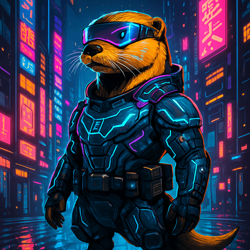 Create a hyper-detailed digital illustration of a sleek, golden-furred otter standing confidently in a neon-lit cyberpunk city at night. The otter wears high-tech armor with glowing blue and magenta circuitry patterns, a visor with holo-display reflections, and a utility belt of futuristic gadgets. Rain slicks the wet street beneath its feet, and towering skyscrapers with animated billboards loom behind. Moody atmosphere, vibrant neon color palette, cinematic lighting, 4K resolution, game-ready character portrait..
In-Game asset.  2d.  High contrast.  No shadows