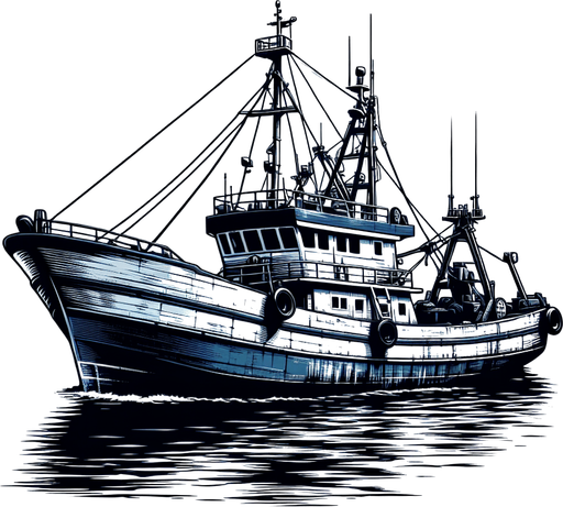 blue white color fishing ship.
Single Game Texture.  In-Game asset.  2d.  Blank background.  High contrast.  No shadows