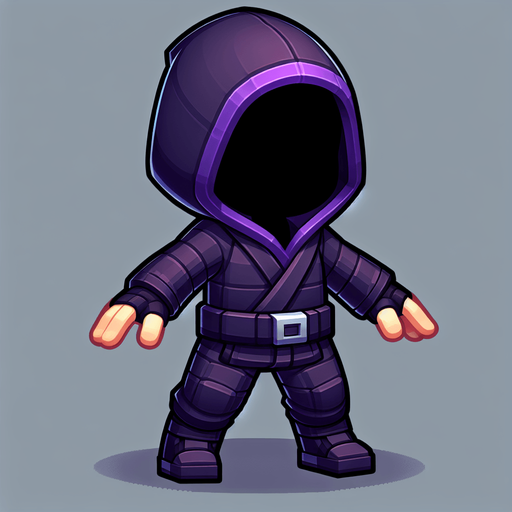 A ninja kid thief, full body, with a dark purple hoodie.
Single Game Texture. In-Game asset. 2d. Blank background. High contrast. No shadows.