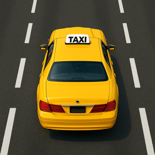 A realistic 2D render of a Yellow Taxi viewed from a slight rear top angle, perfectly aligned and driving straight forward on a clean 3-lane asphalt road with dashed white lane markings. The car is centered, facing directly ahead with no turn, showing only the top and back clearly. No visible driver. Daylight scene.
In-Game asset.  2d.  High contrast.  No shadows.
In-Game asset.  2d.  High contrast.  No shadows.
In-Game asset.  2d.  High contrast.  No shadows.
In-Game asset.  2d.  High contrast.  No shadows