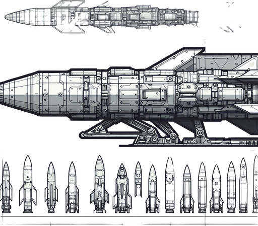 Missile seen from the side.
Single Game Texture.  In-Game asset.  2d.  Blank background.  High contrast.  No shadows