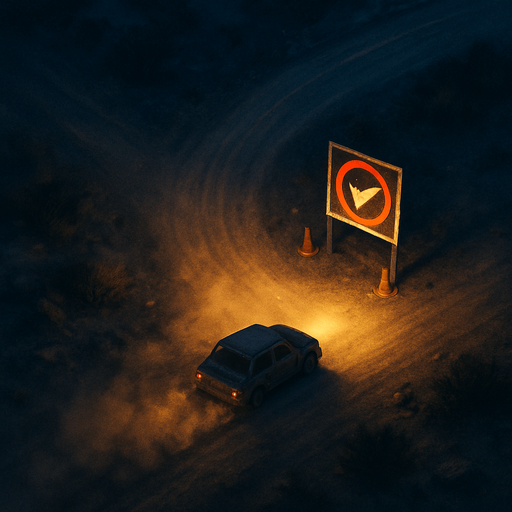 Checkpoint rally rod with dust in night, bird view