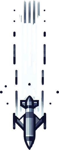 a missile with the trail. the missile is pointing to the top, and the trail goes down. no background, top-down view.
Single Game Texture.  In-Game asset.  2d.  Blank background.  High contrast.  No shadows
