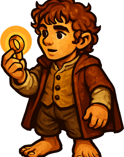 A stylized full-body illustration of a small hobbit holding a glowing ring in one hand, viewed from a 45-degree angle. The hobbit has curly hair, bare feet, and wears rustic, earth-toned clothing with detailed textures. The scene has warm, soft lighting emphasizing the character’s expressive face and the shining ring. The art style is cartoonish with rich colors, smooth shading, and a fantasy atmosphere..
In-Game asset.  2d.  High contrast.  No shadows