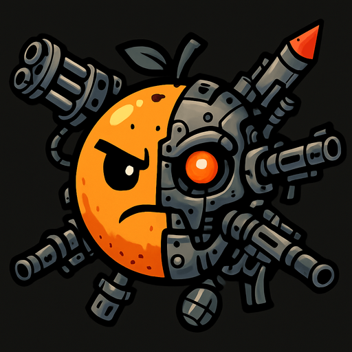 an orange circle with half of it being a cyborg and it is equiped with lots of weaponary.
In-Game asset.  2d.  High contrast.  No shadows