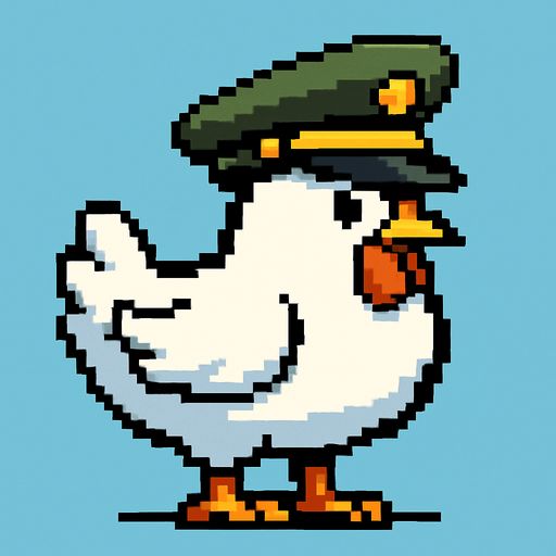 White chicken  military hat style 2d pixel 1980.
In-Game asset.  2d.  High contrast.  No shadows