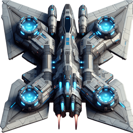 A 2D top-down view of a futuristic player spaceship with a streamlined silver and blue body, glowing thrusters, and dual laser cannons. The design is sleek and modern for a space shooter game.
Single Game Texture.  2d.  Blank background.  High contrast.  No shadows